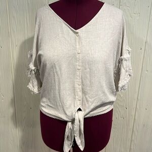 SCRAP WORK Linen & Cotton Waist Tie Blouse Ragged Sleeves Size Medium